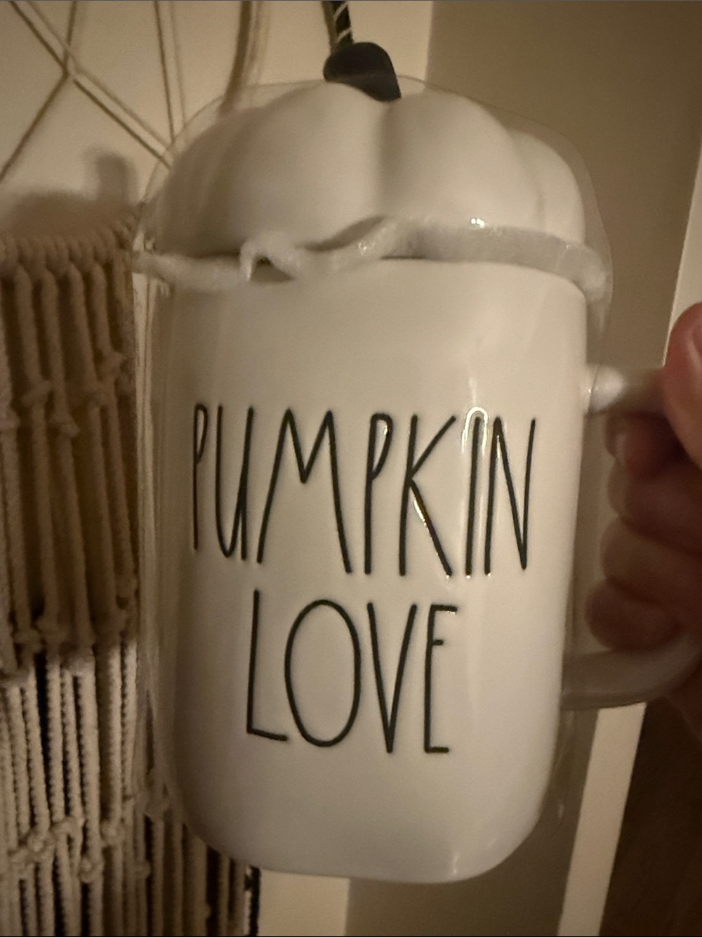 Rae Dunn pumpkin mug with topper
